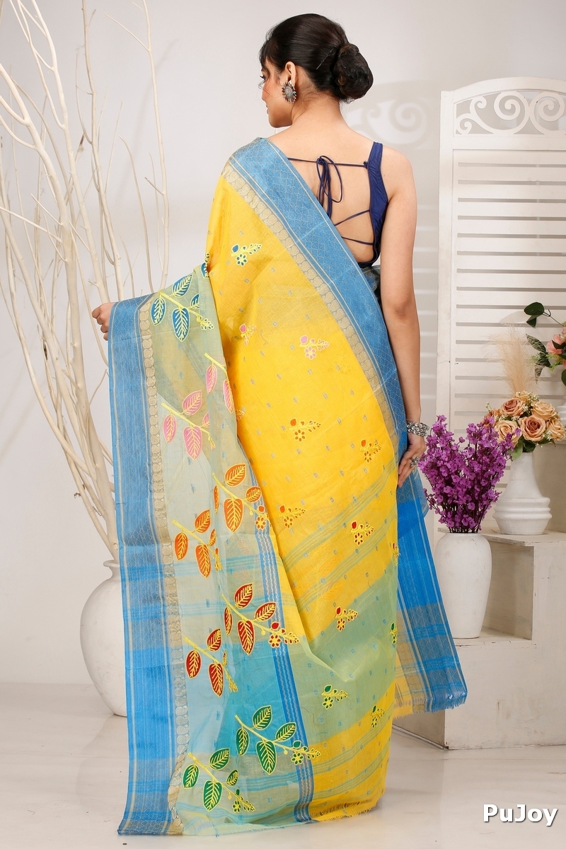 Light Yellow Pure Cotton Embi Ganga Pata Tant Embroidery (1518)