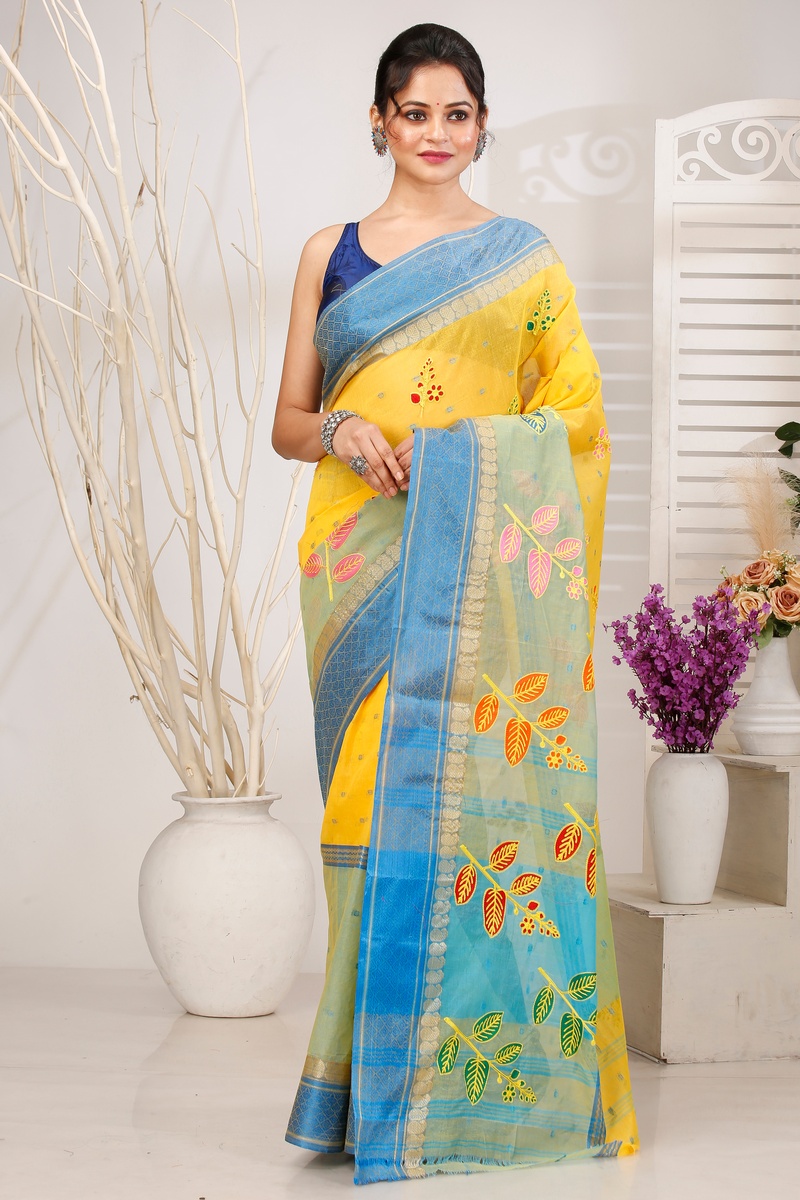 Light Yellow Pure Cotton Embi Ganga Pata Tant Embroidery (1518)