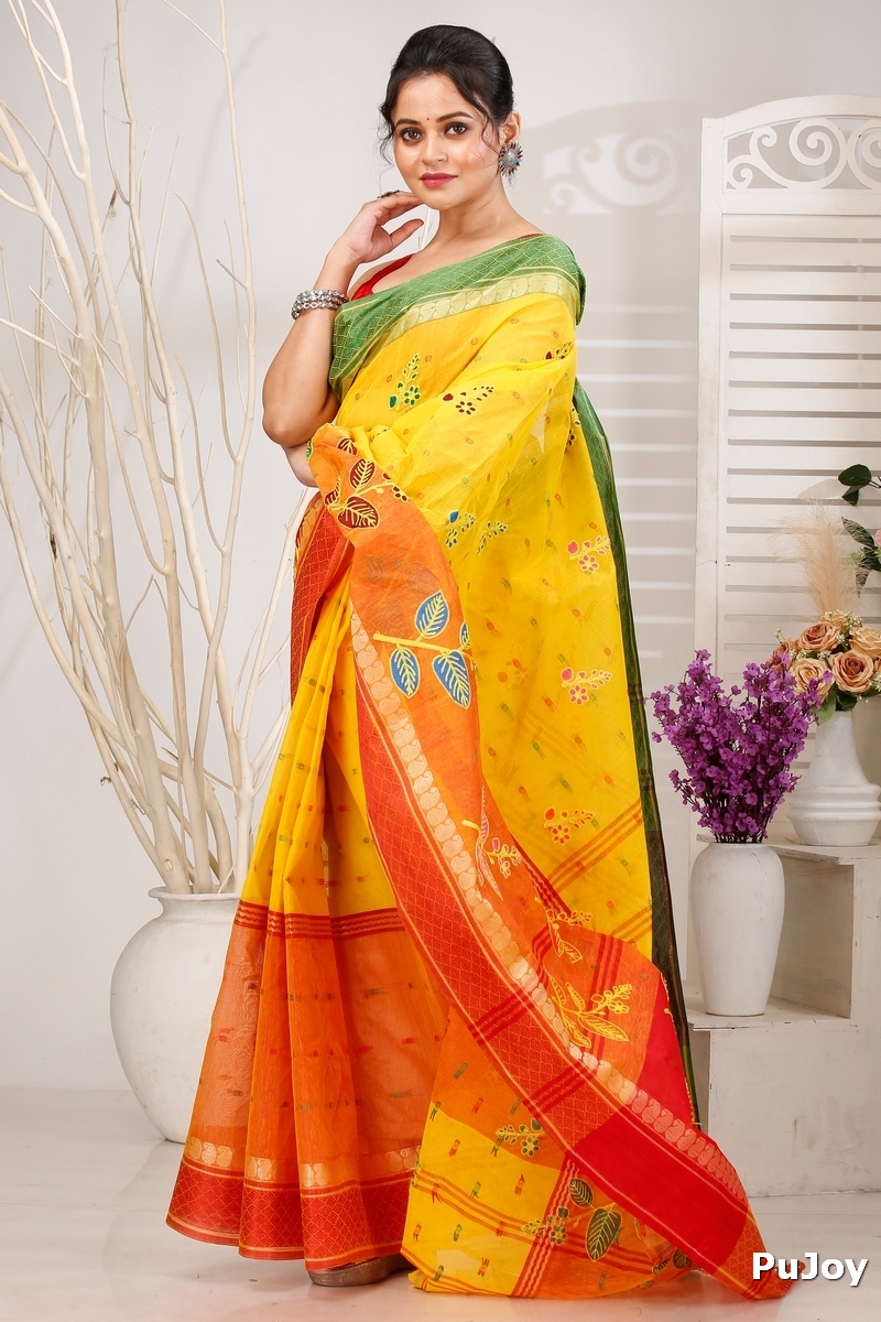 Yellow Red Pure Cotton Embi Ganga Pata Tant Embroidery (1519)