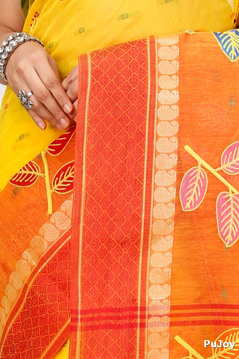Yellow Red Pure Cotton Embi Ganga Pata Tant Embroidery (1519)