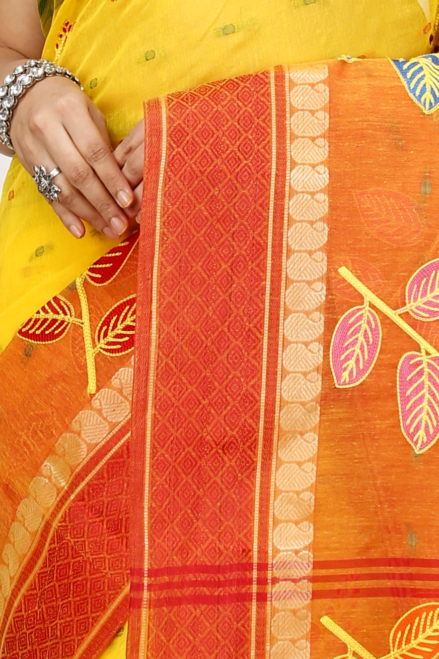 Yellow Red Pure Cotton Embi Ganga Pata Tant Embroidery (1519)