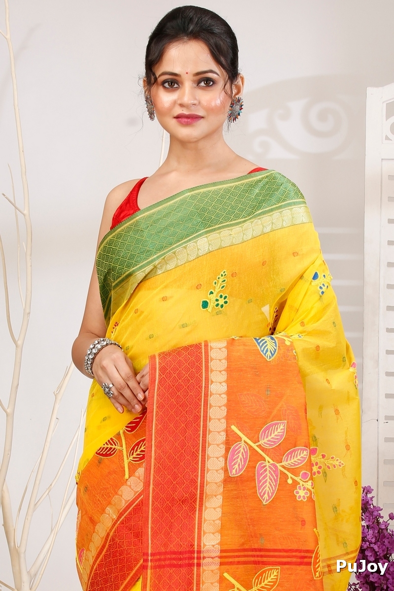 Yellow Red Pure Cotton Embi Ganga Pata Tant Embroidery (1519)