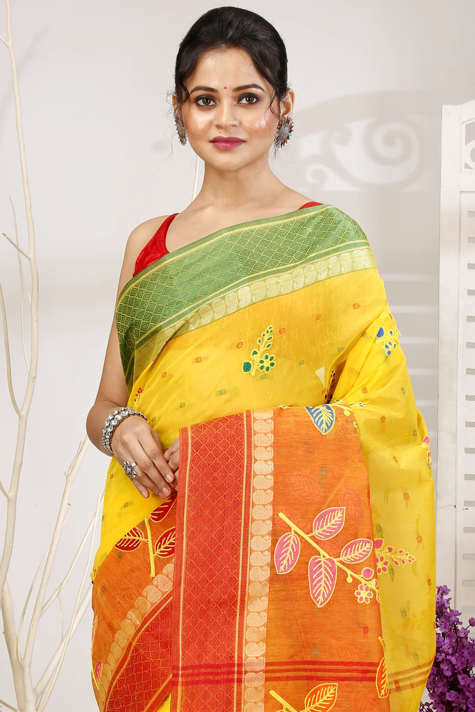 Yellow Red Pure Cotton Embi Ganga Pata Tant Embroidery (1519)