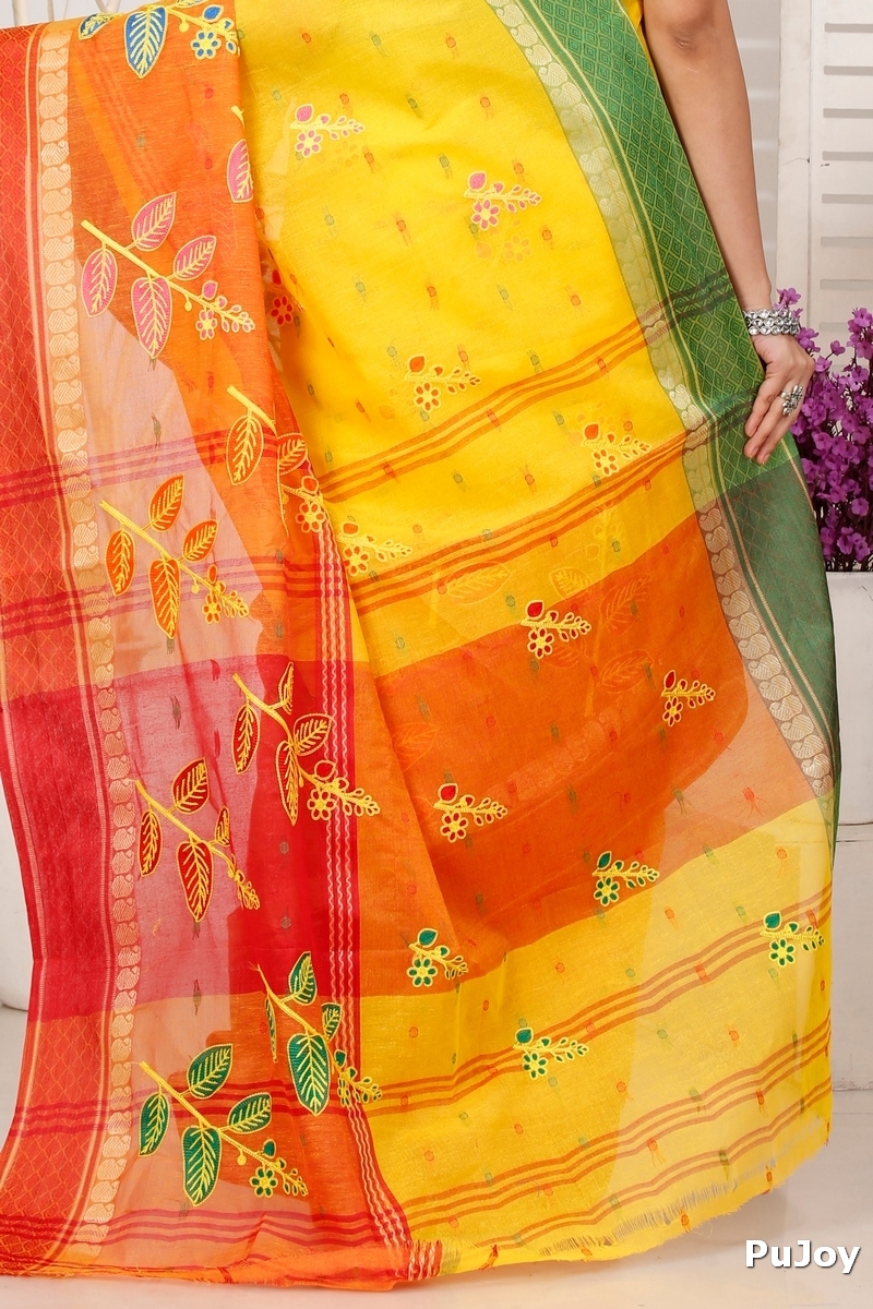 Yellow Red Pure Cotton Embi Ganga Pata Tant Embroidery (1519)