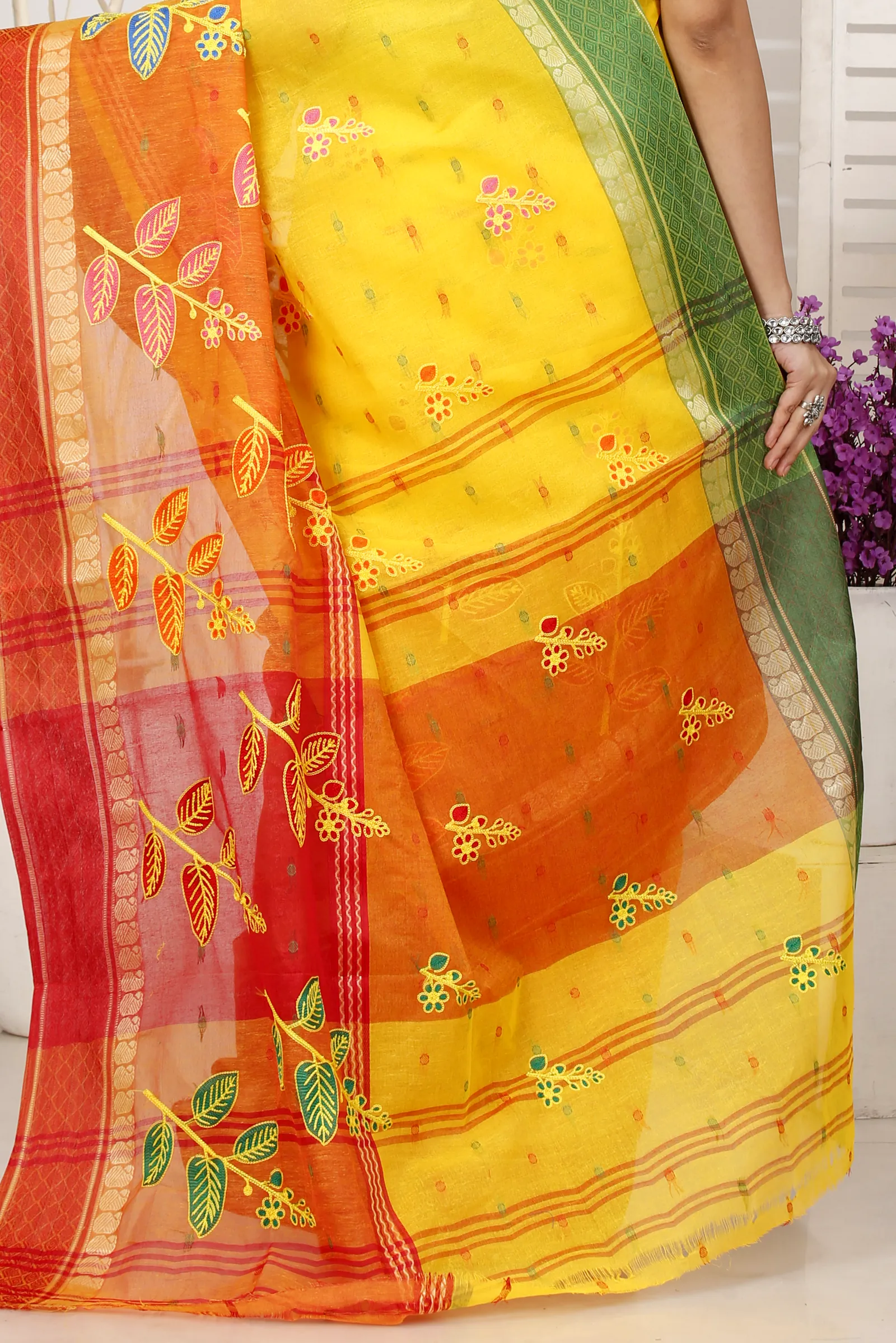 Yellow Red Pure Cotton Embi Ganga Pata Tant Embroidery (1519)