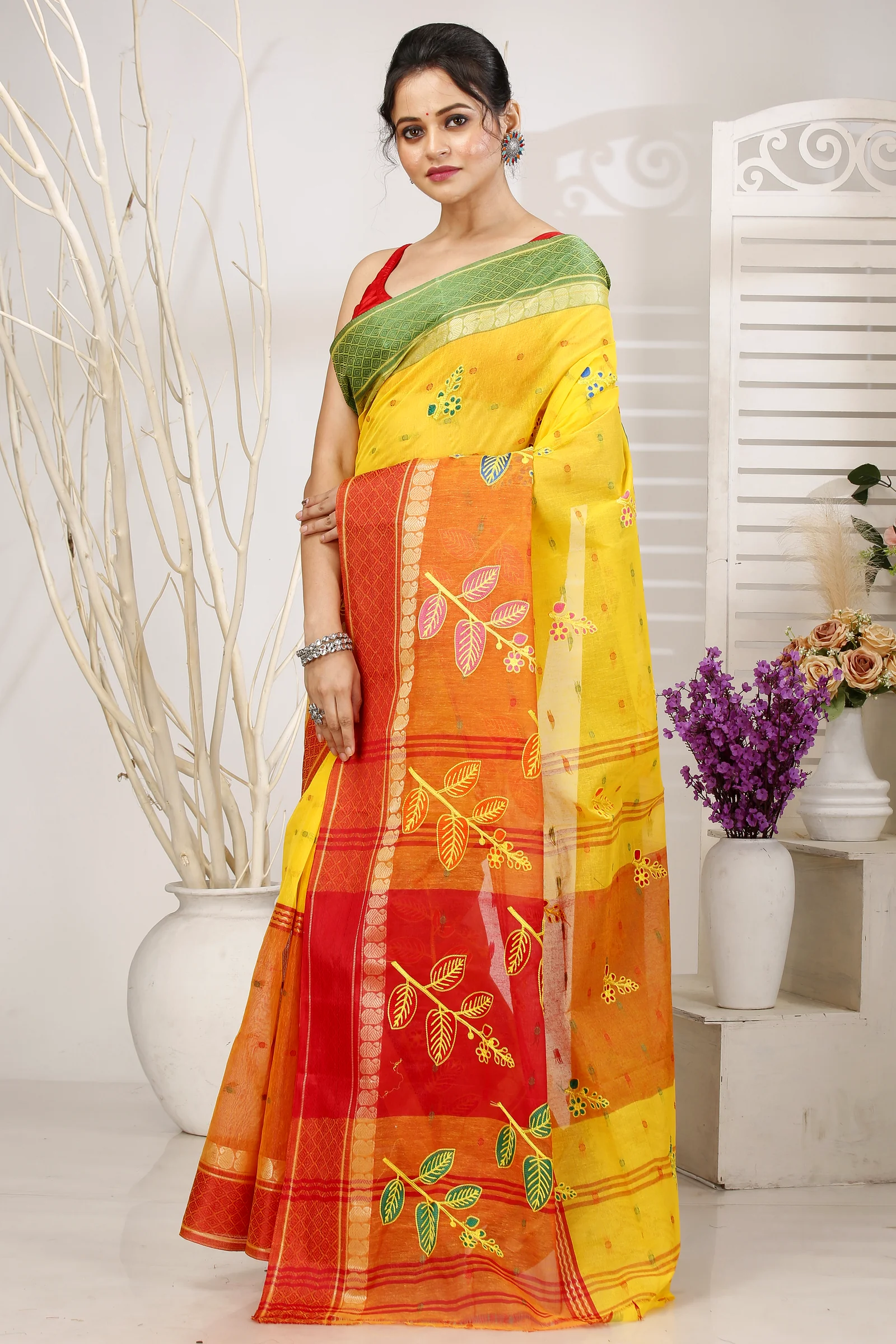 Yellow Red Pure Cotton Embi Ganga Pata Tant Embroidery (1519)
