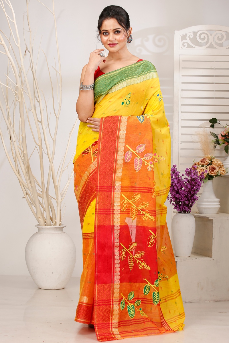 Yellow Red Pure Cotton Embi Ganga Pata Tant Embroidery (1519)