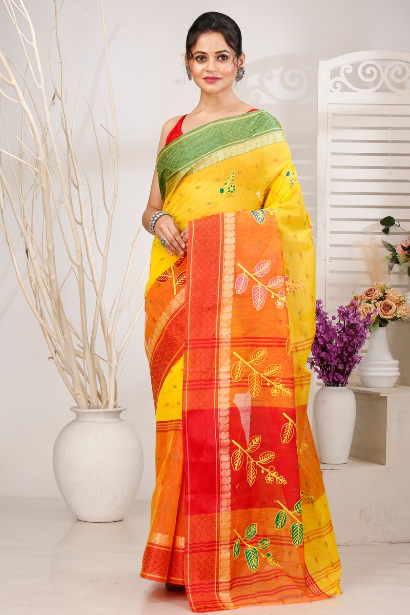 Yellow Red Pure Cotton Embi Ganga Pata Tant Embroidery (1519)