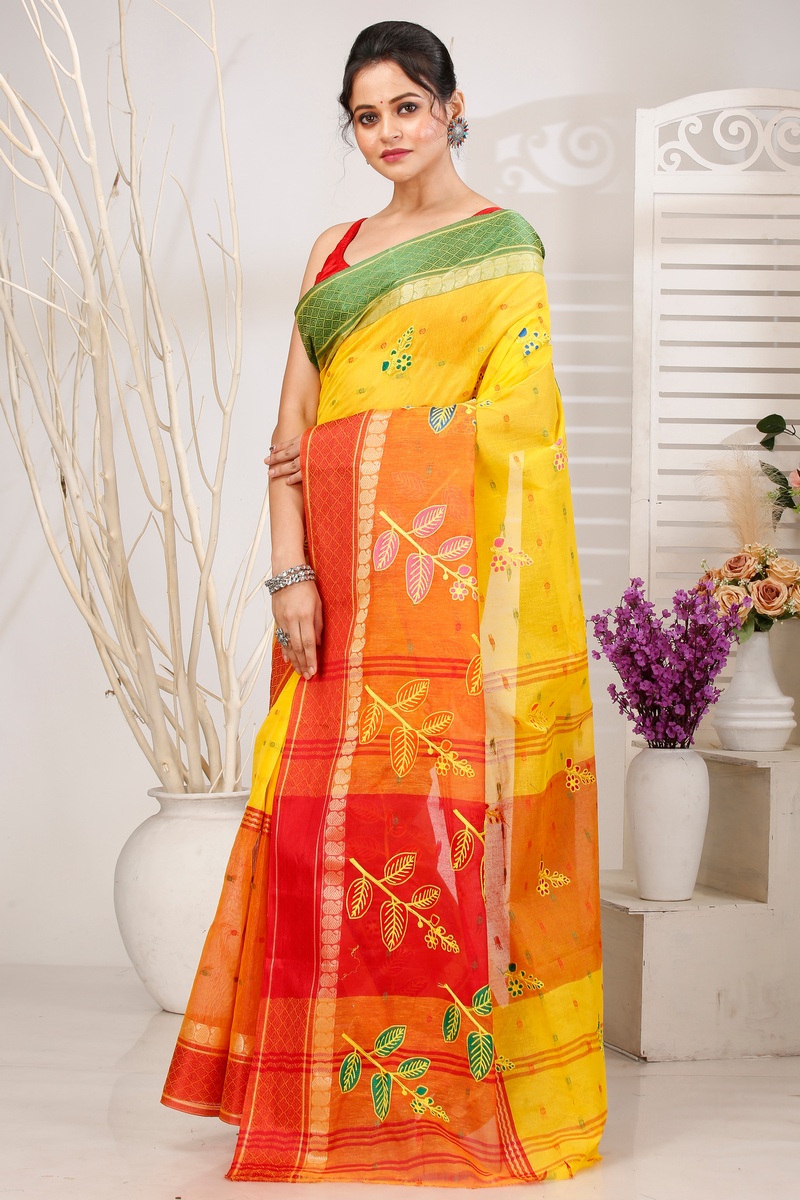 Yellow Red Pure Cotton Embi Ganga Pata Tant Embroidery (1519)