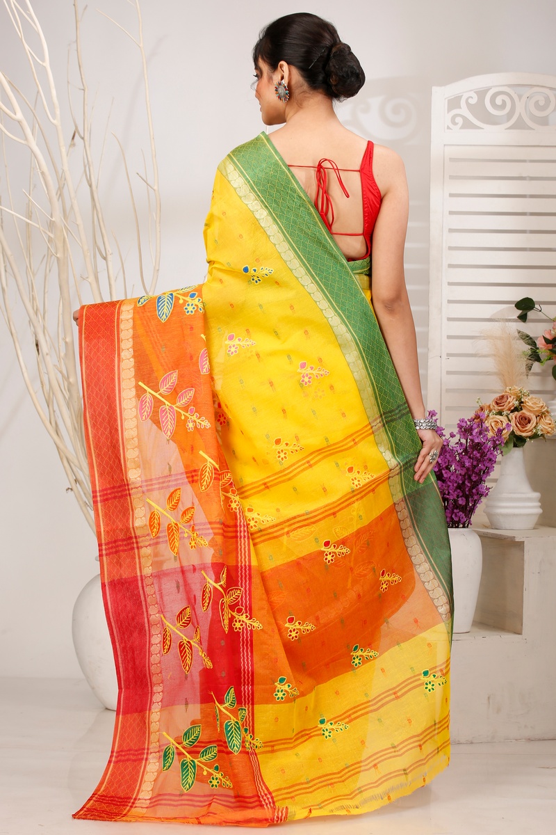 Yellow Red Pure Cotton Embi Ganga Pata Tant Embroidery (1519)