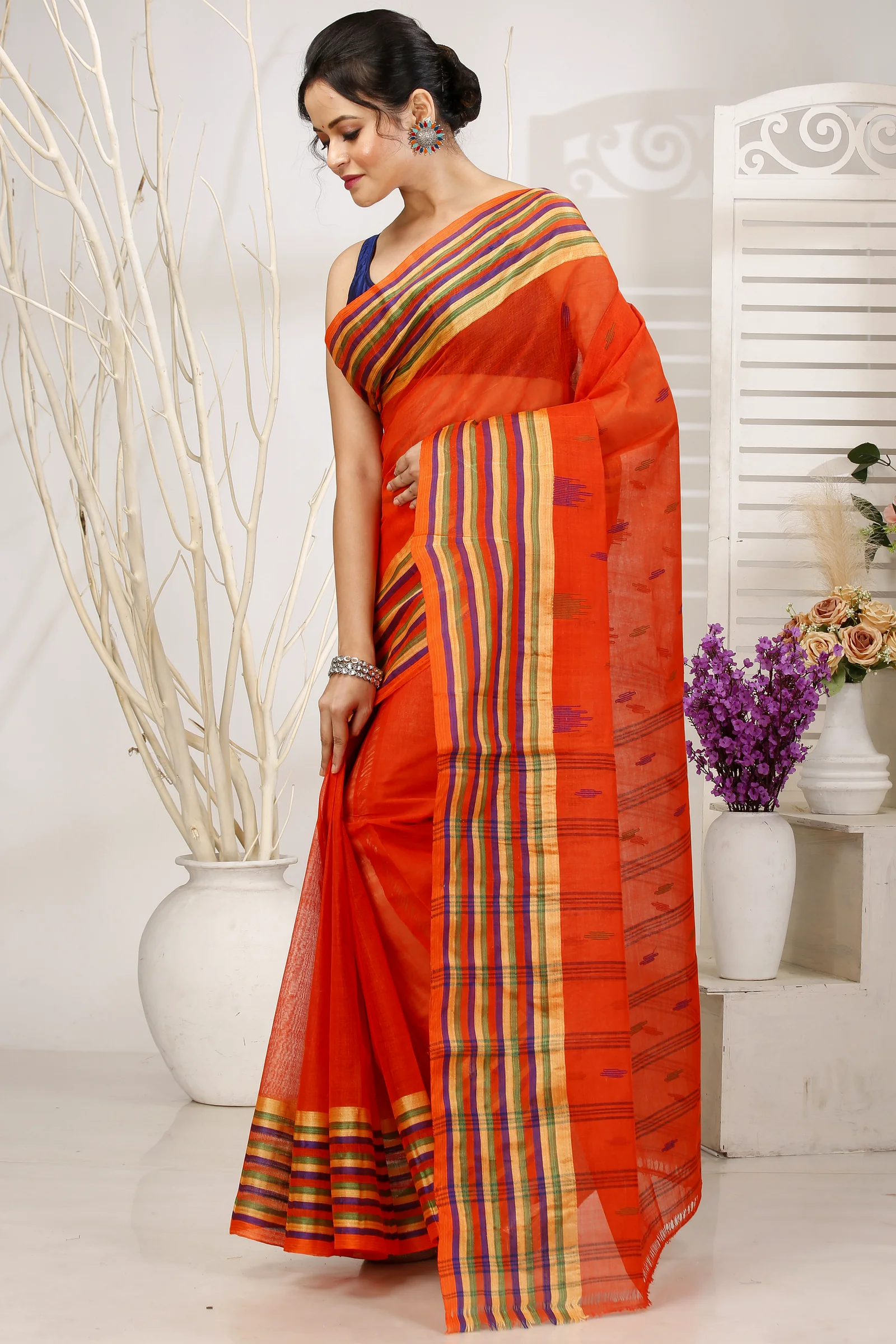 Orange Pure Cotton mena Tant Saree (1520)