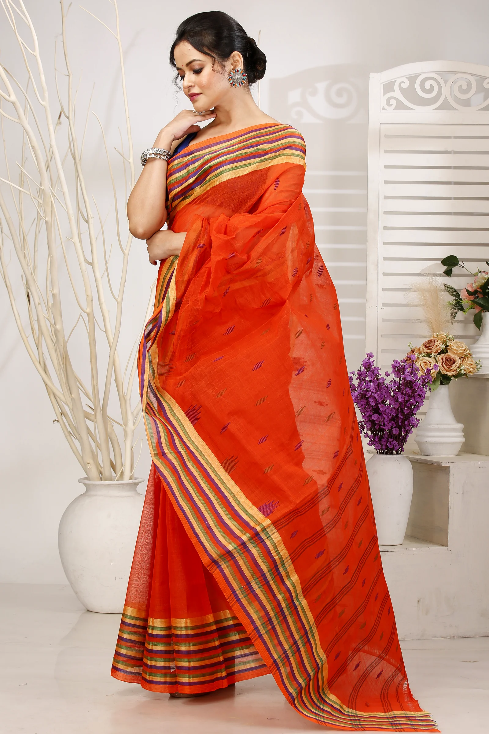 Orange Pure Cotton mena Tant Saree (1520)