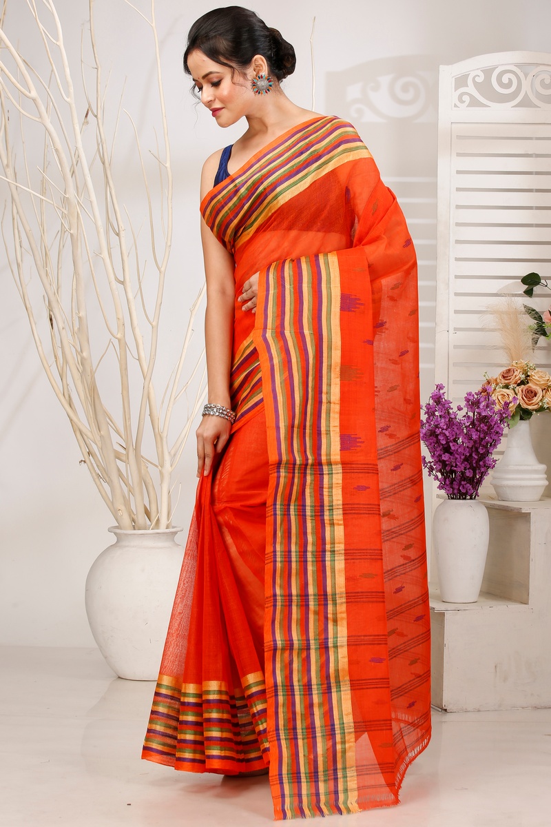 Orange Pure Cotton mena Tant Saree (1520)