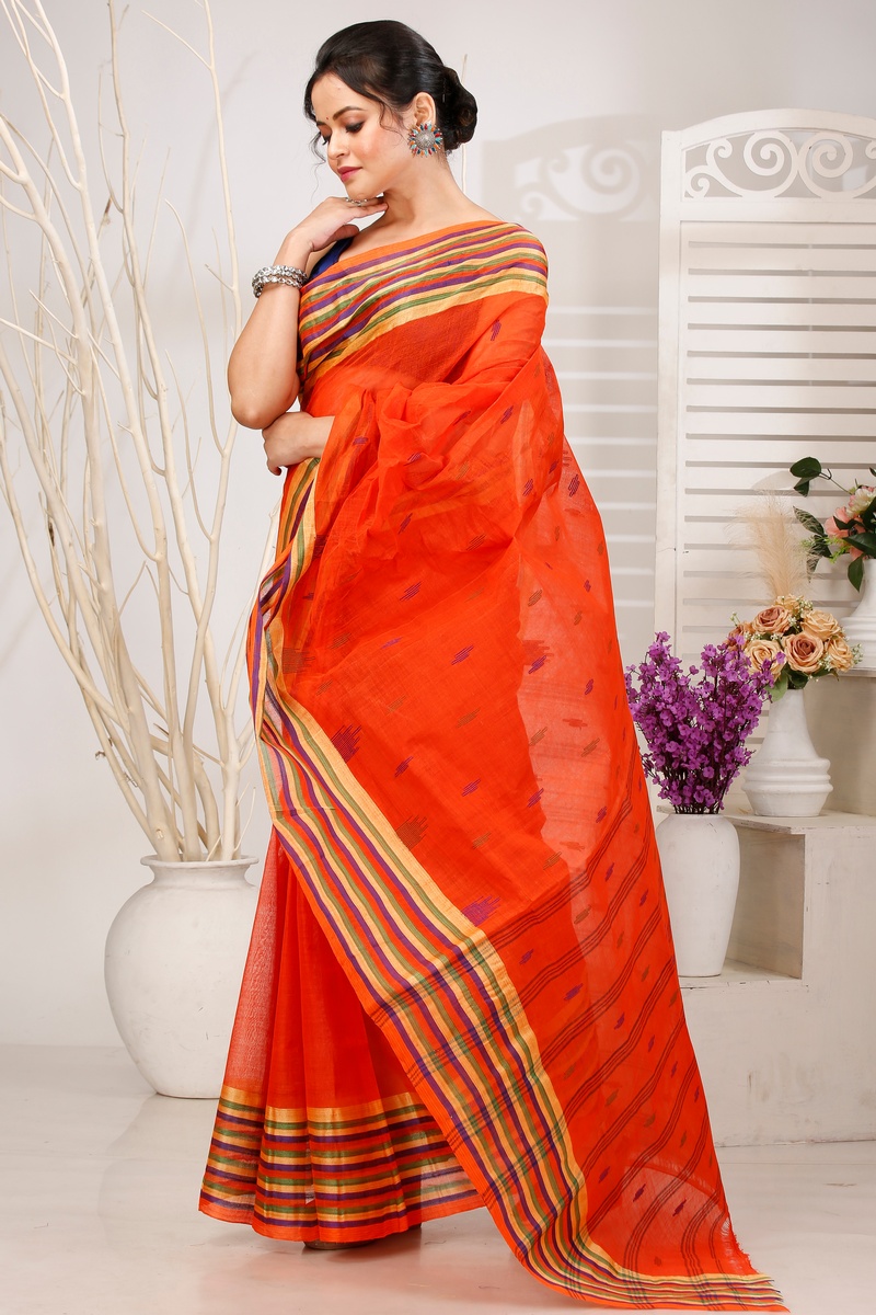 Orange Pure Cotton mena Tant Saree (1520)