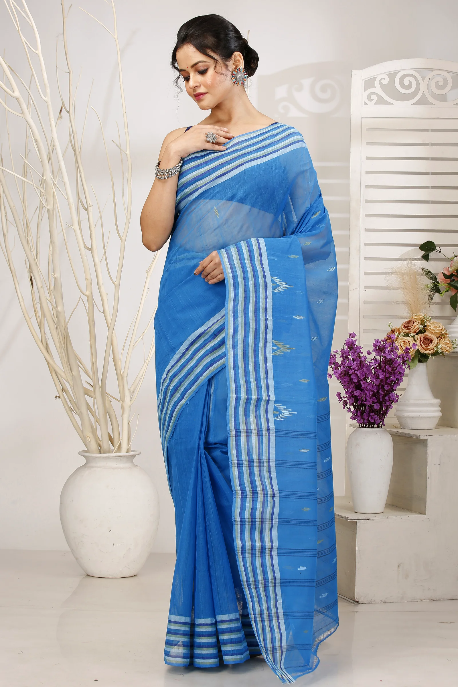 Light Blue Pure Cotton mena Tant Saree (1522)