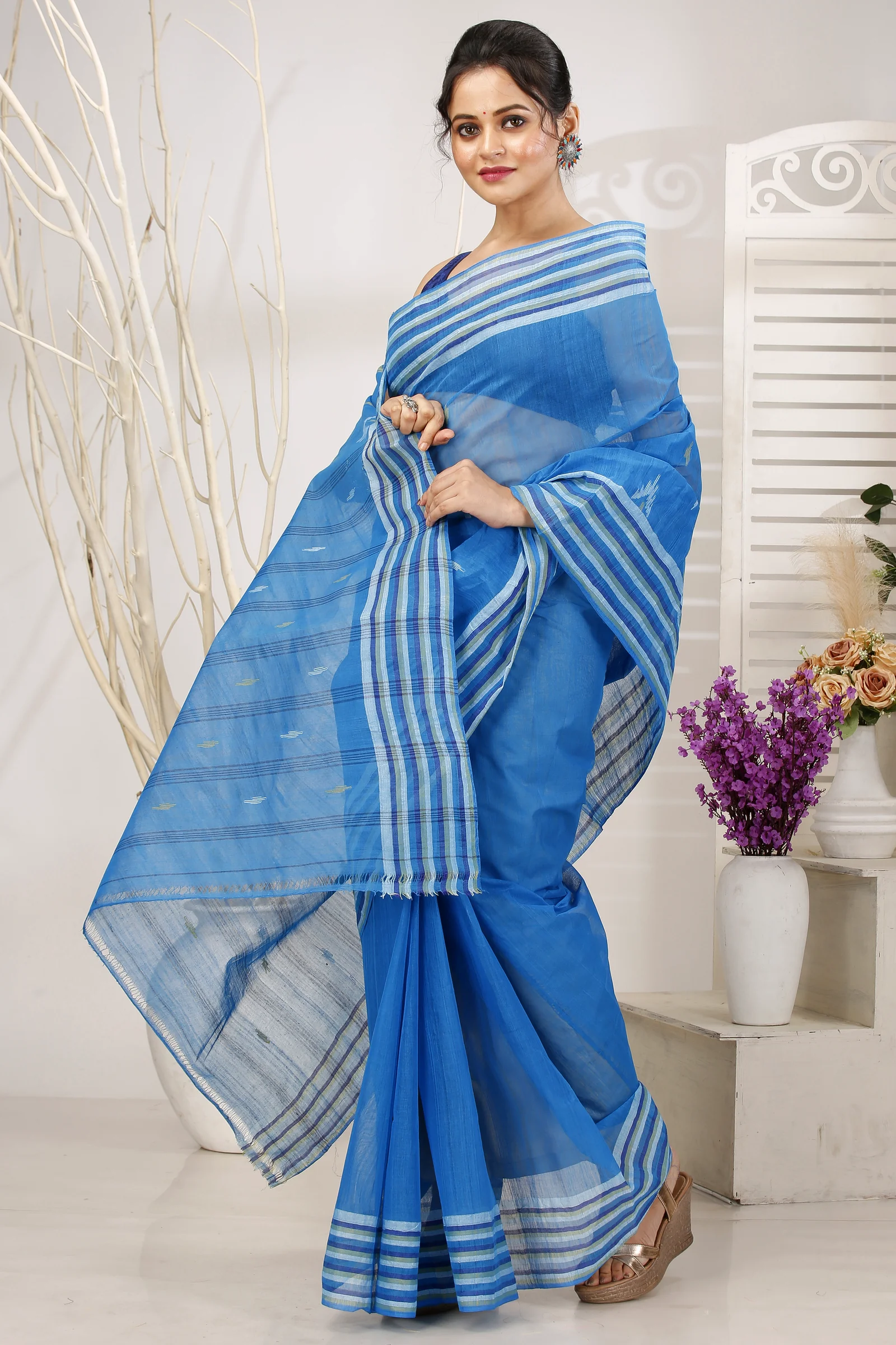 Light Blue Pure Cotton mena Tant Saree (1522)