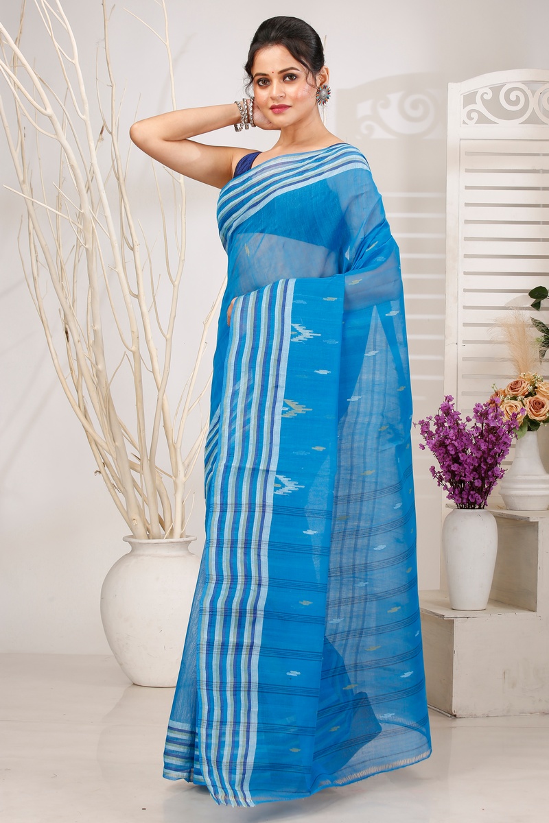 Light Blue Pure Cotton mena Tant Saree (1522)