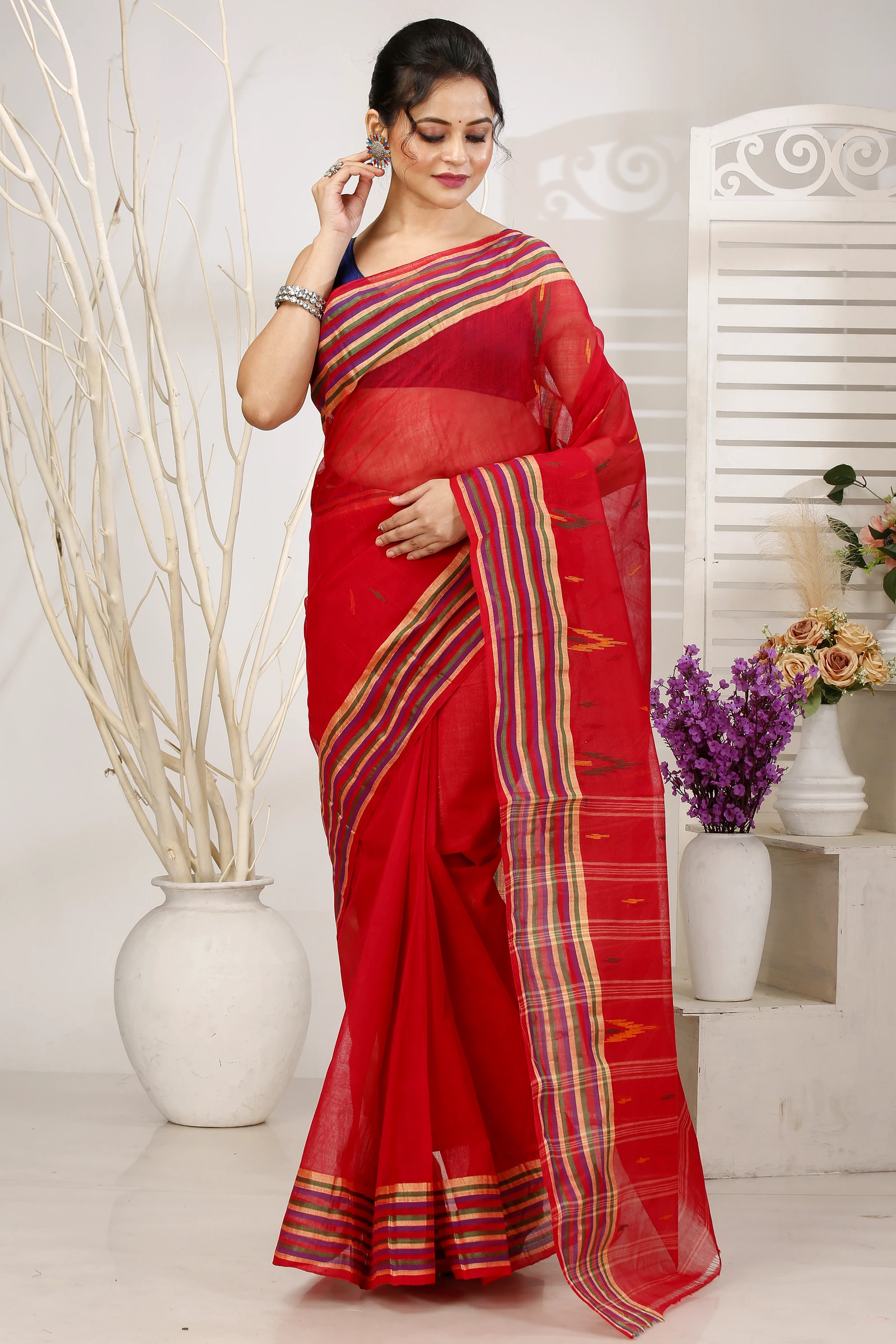 Red Pure Cotton mena Tant Saree (1523)