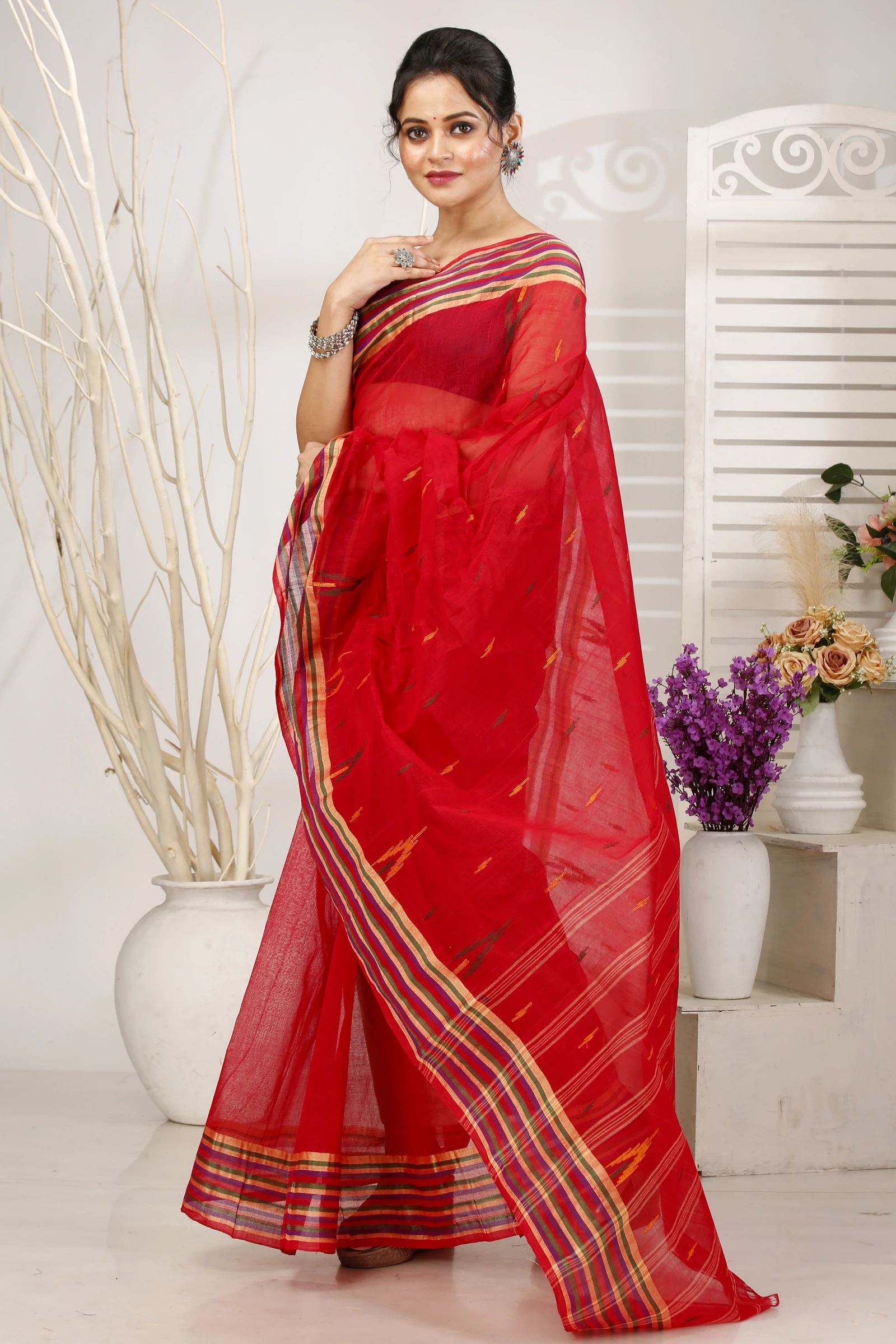 Red Pure Cotton mena Tant Saree (1523)