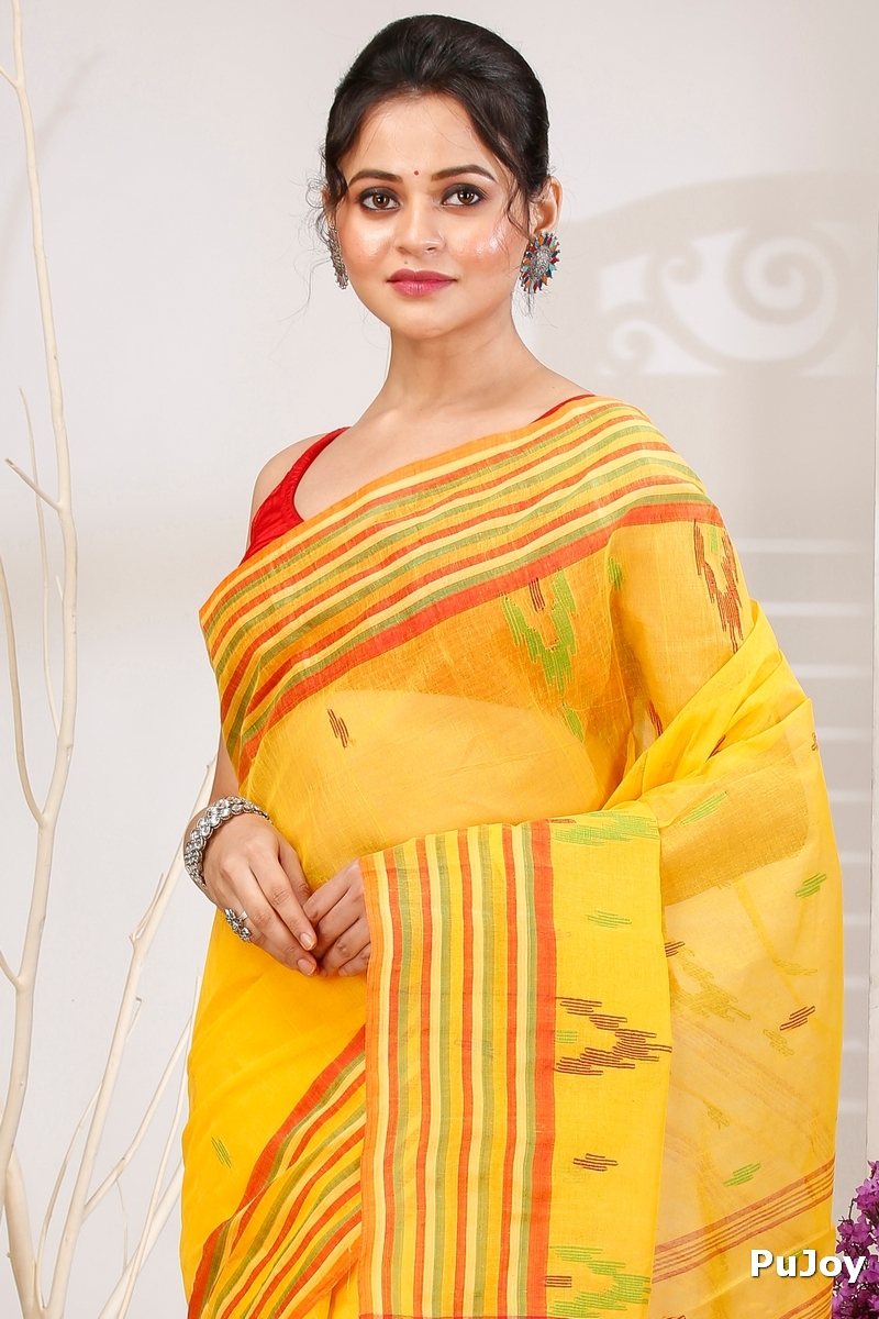 Yellow Pure Cotton mena Tant Saree (1524)