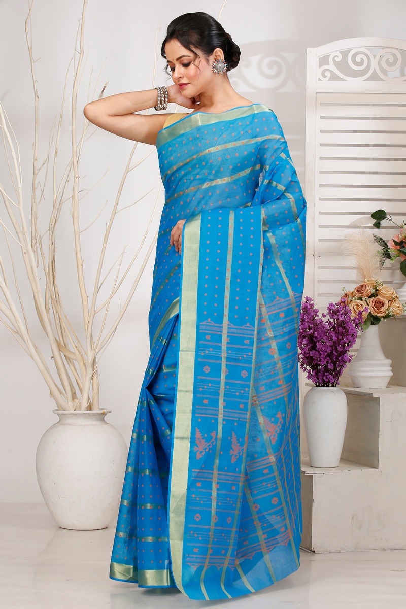Sky Blue Pure Cotton Mera Tant Saree (1525)