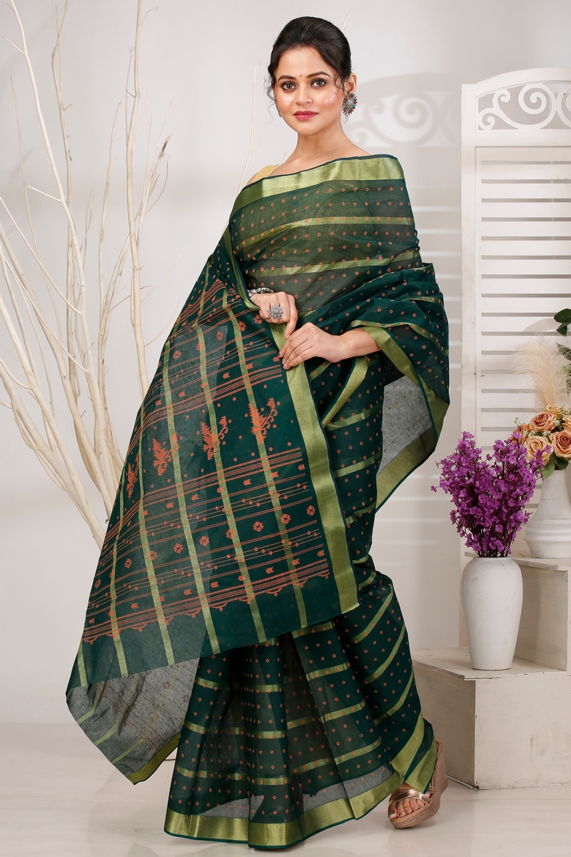 Dark Green Pure Cotton Mera Tant Saree (1526)