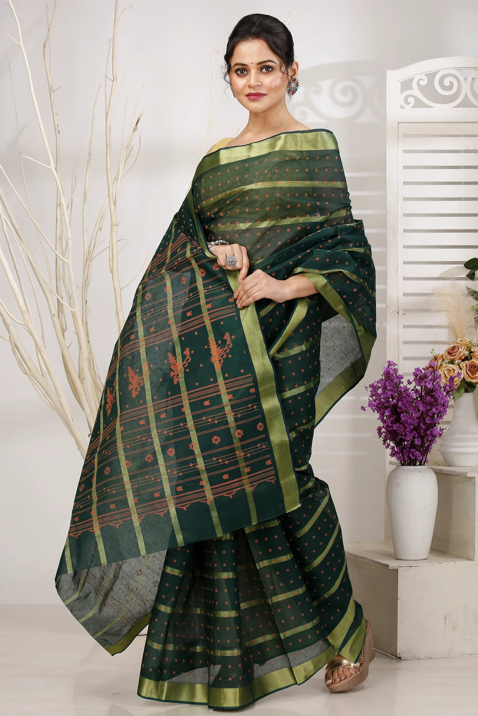 Dark Green Pure Cotton Mera Tant Saree (1526)