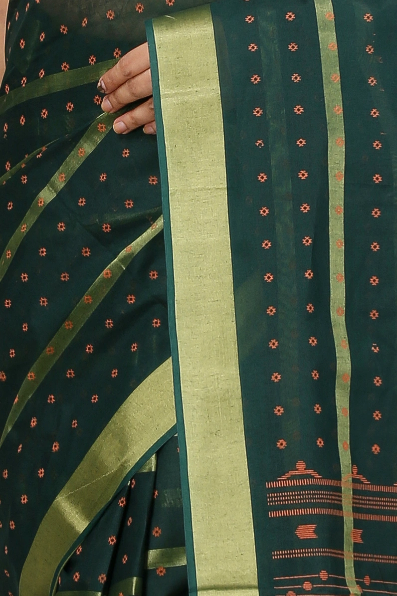 Dark Green Pure Cotton Mera Tant Saree (1526)