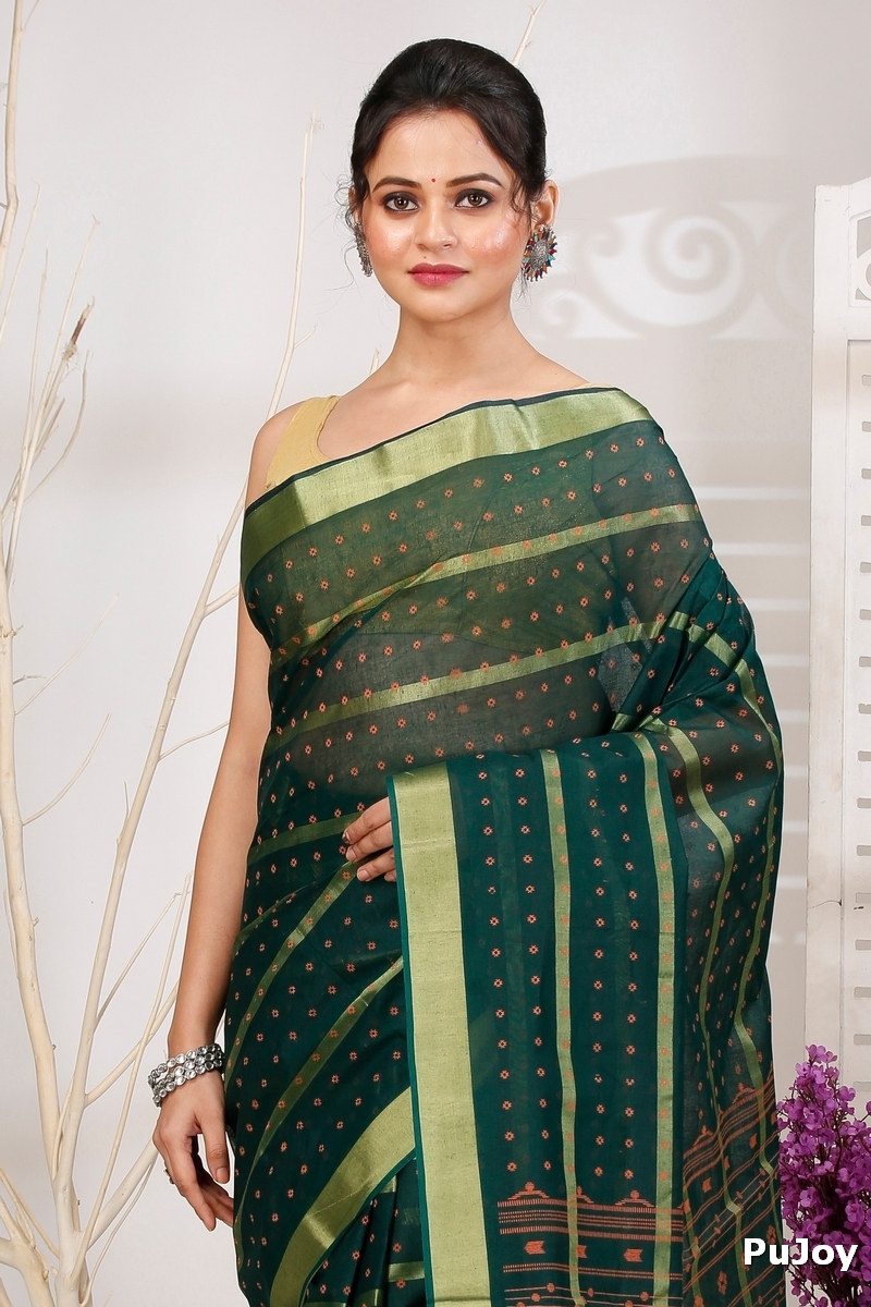 Dark Green Pure Cotton Mera Tant Saree (1526)