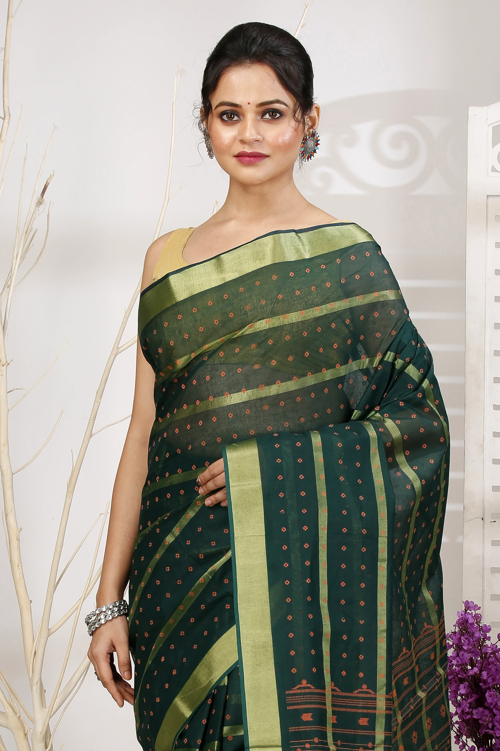 Dark Green Pure Cotton Mera Tant Saree (1526)