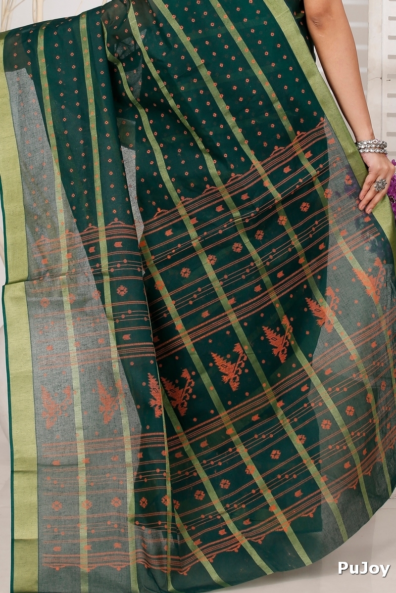 Dark Green Pure Cotton Mera Tant Saree (1526)