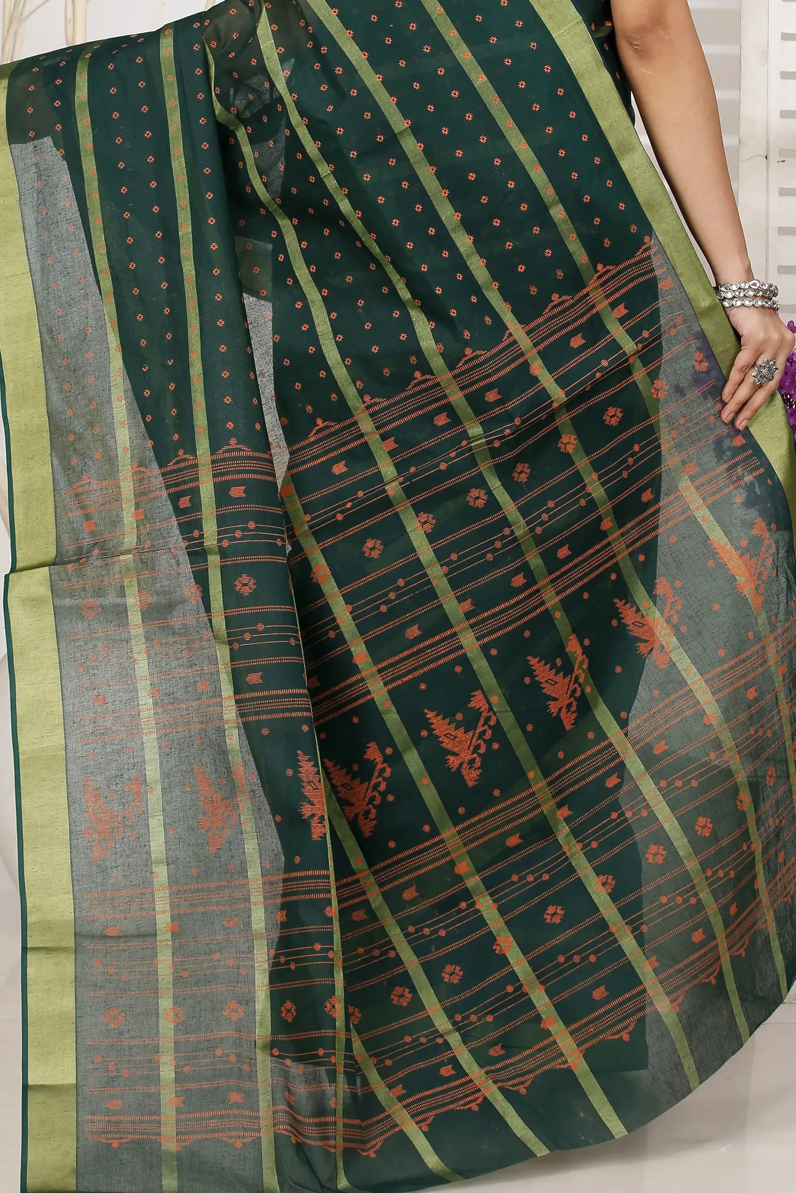Dark Green Pure Cotton Mera Tant Saree (1526)