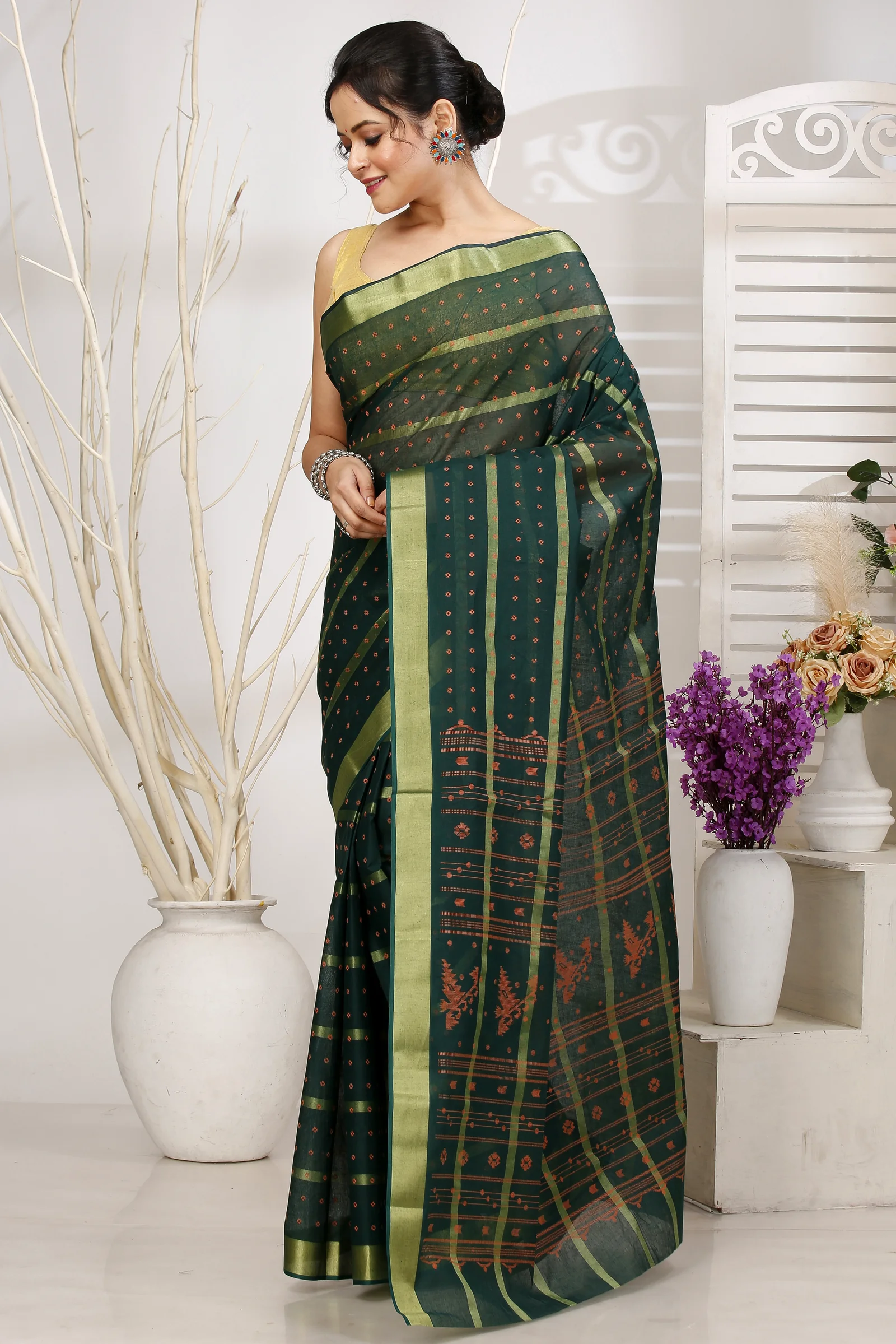Dark Green Pure Cotton Mera Tant Saree (1526)