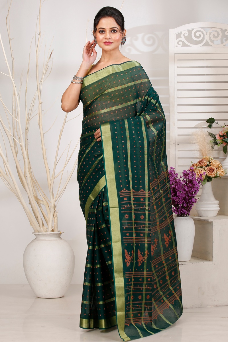 Dark Green Pure Cotton Mera Tant Saree (1526)