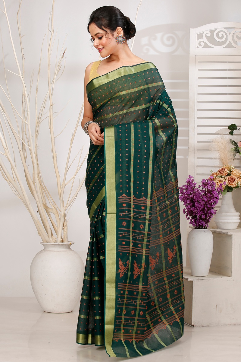 Dark Green Pure Cotton Mera Tant Saree (1526)