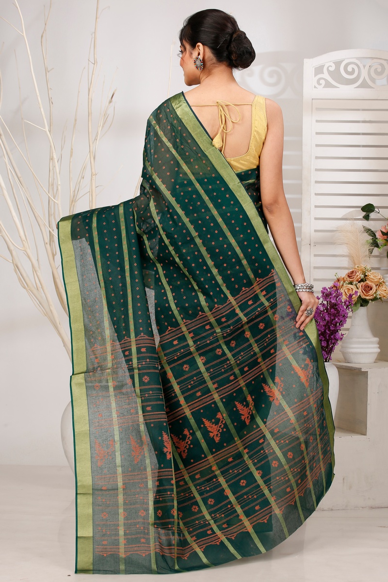 Dark Green Pure Cotton Mera Tant Saree (1526)