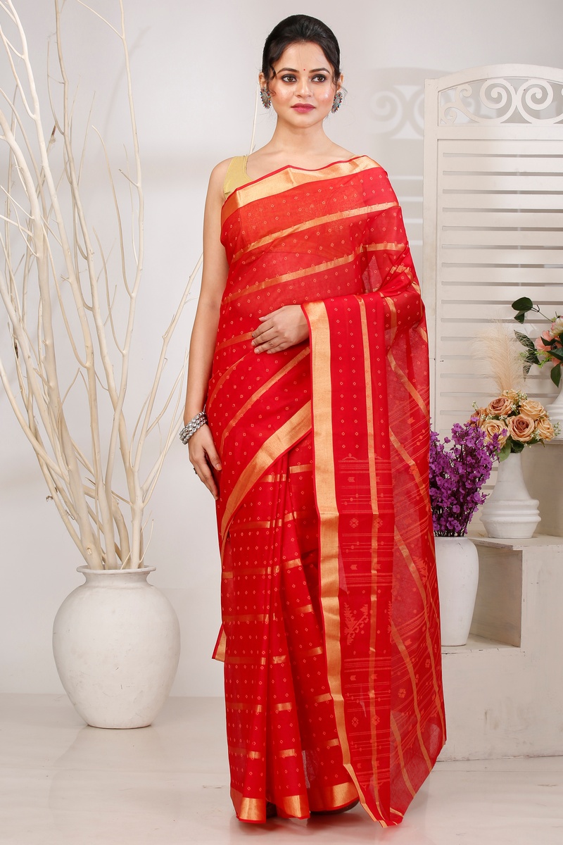 Red Pure Cotton Mera Tant Saree (1527)