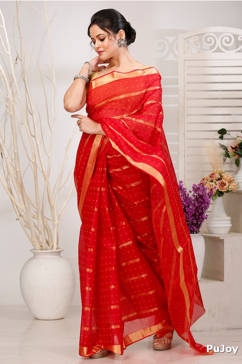 Red Pure Cotton Mera Tant Saree (1527)