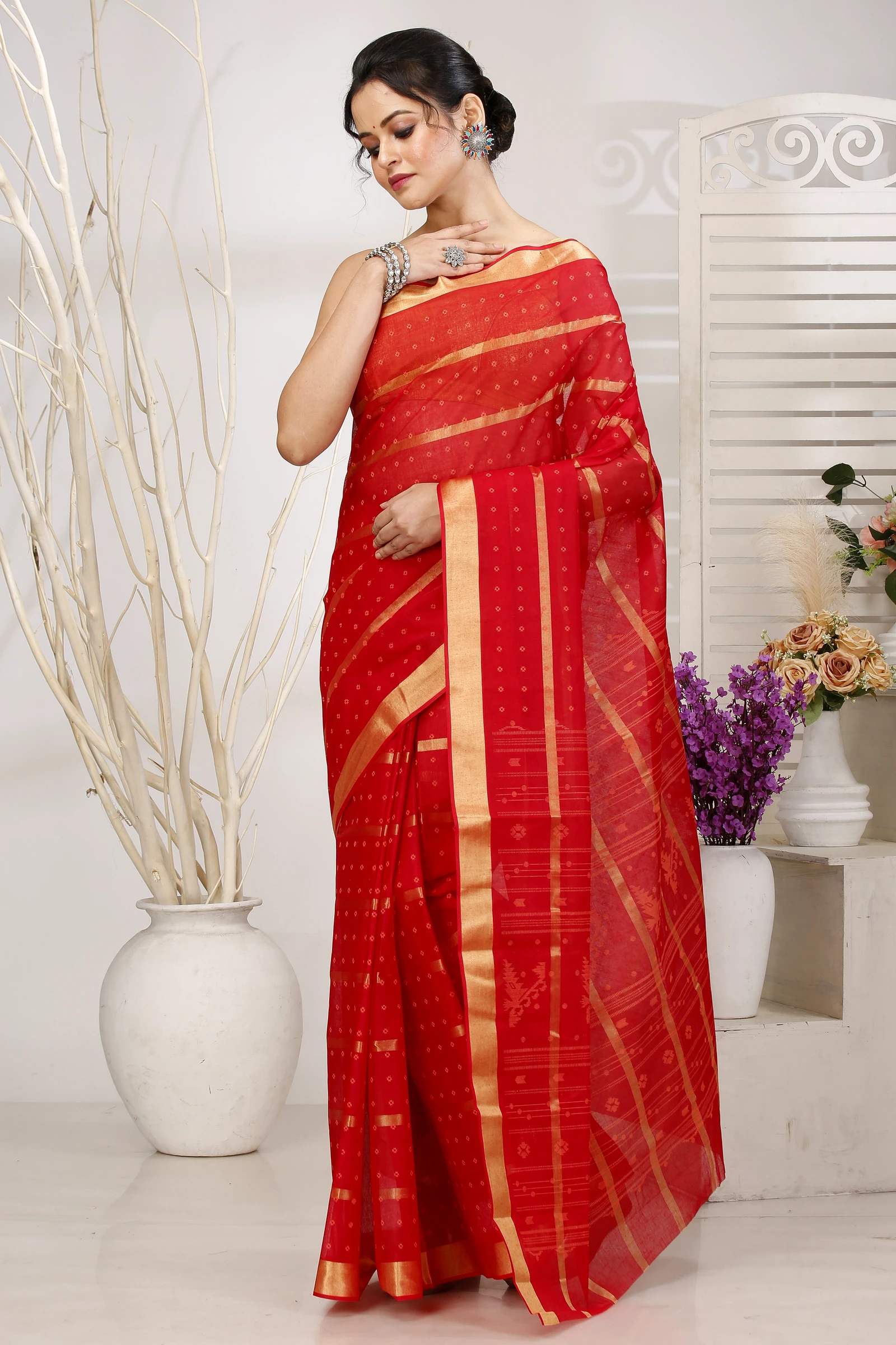 Red Pure Cotton Mera Tant Saree (1527)