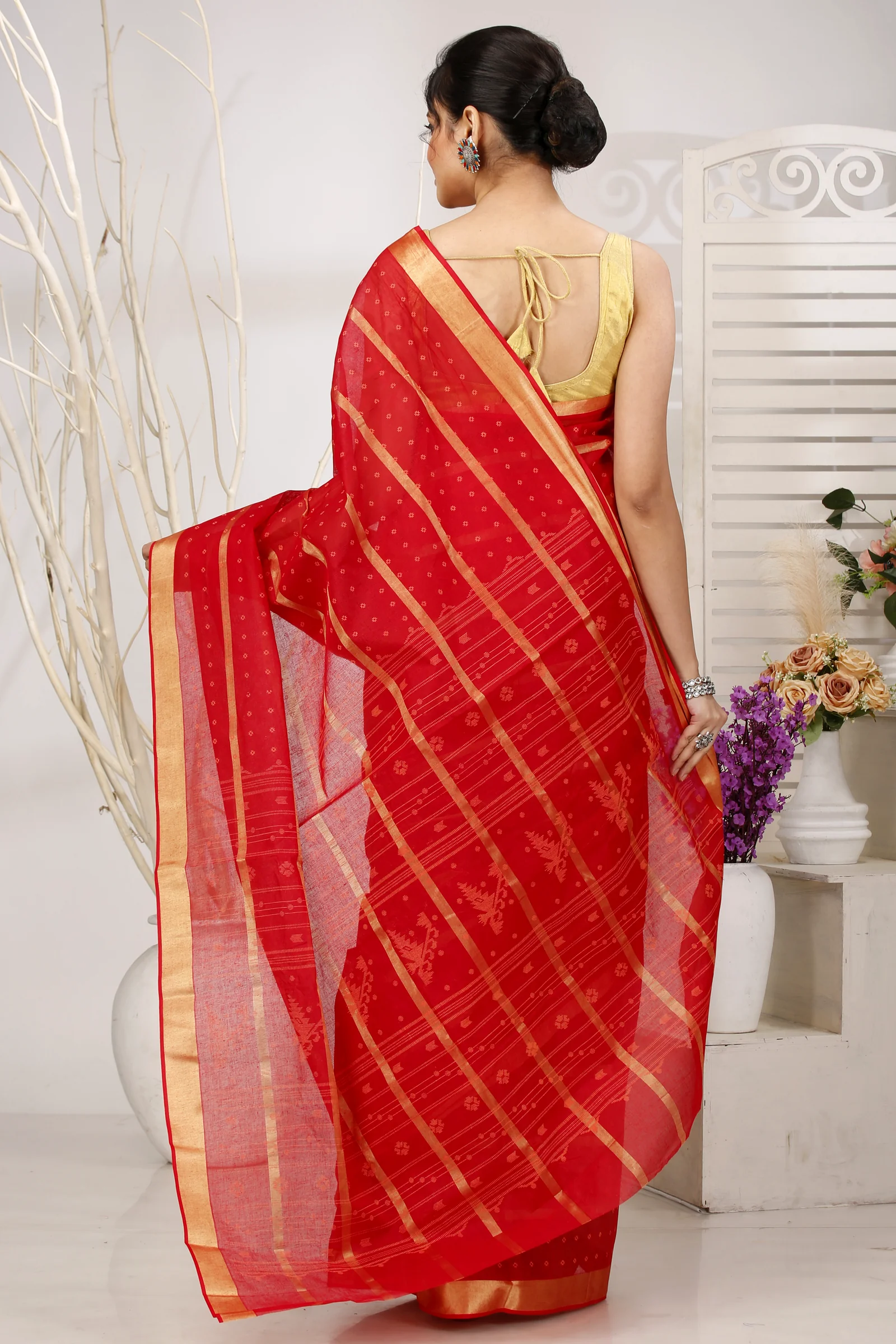 Red Pure Cotton Mera Tant Saree (1527)