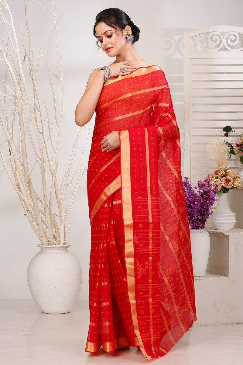 Red Pure Cotton Mera Tant Saree (1527)