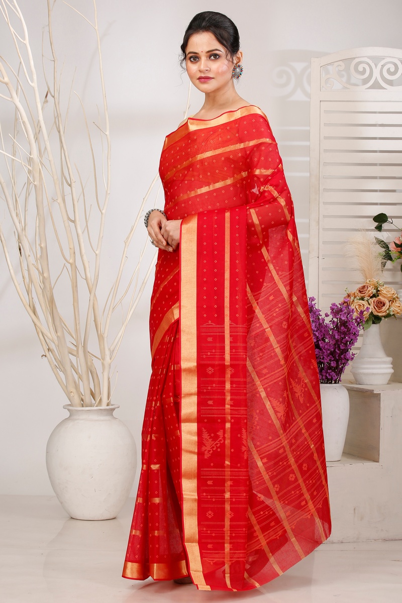 Red Pure Cotton Mera Tant Saree (1527)