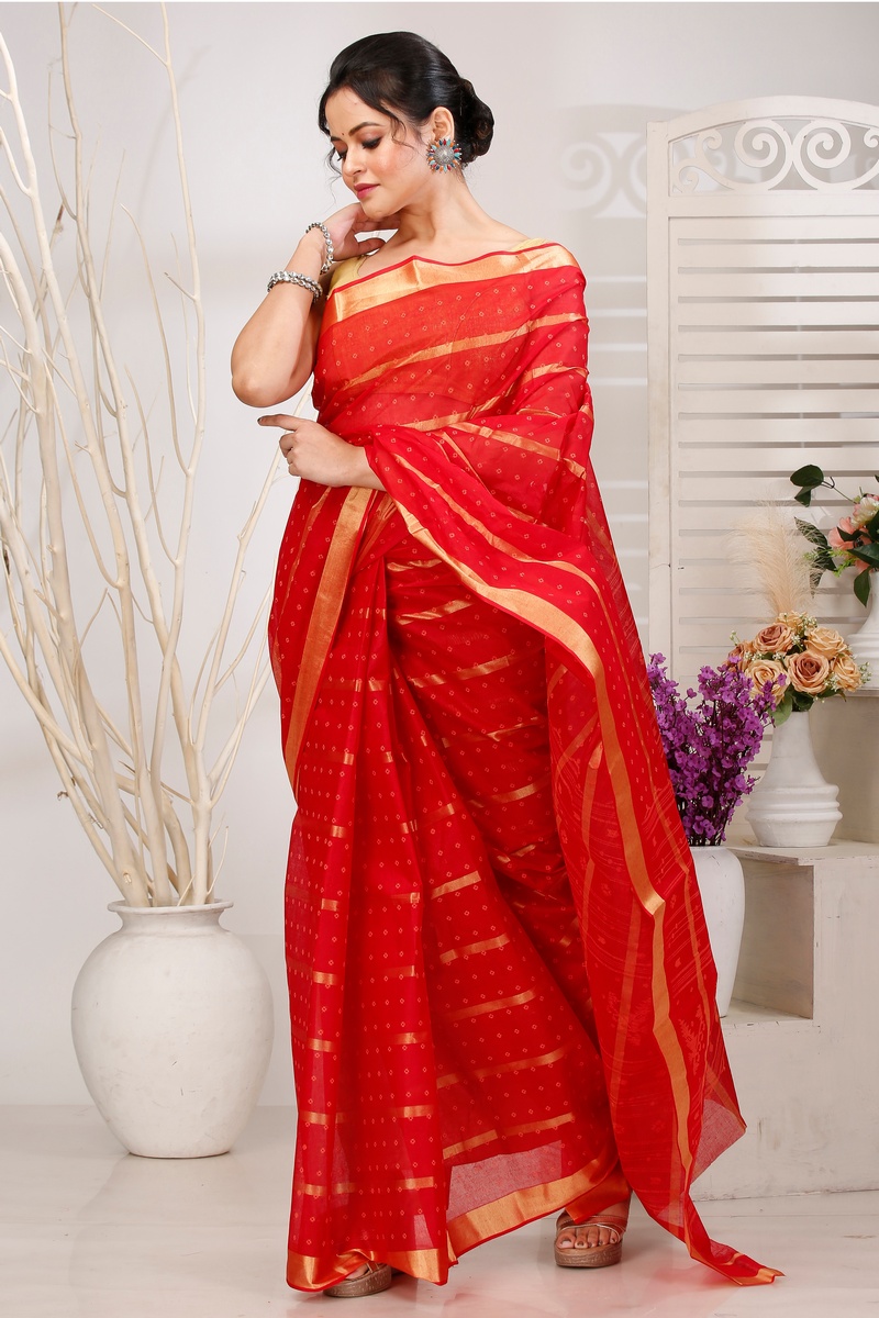 Red Pure Cotton Mera Tant Saree (1527)