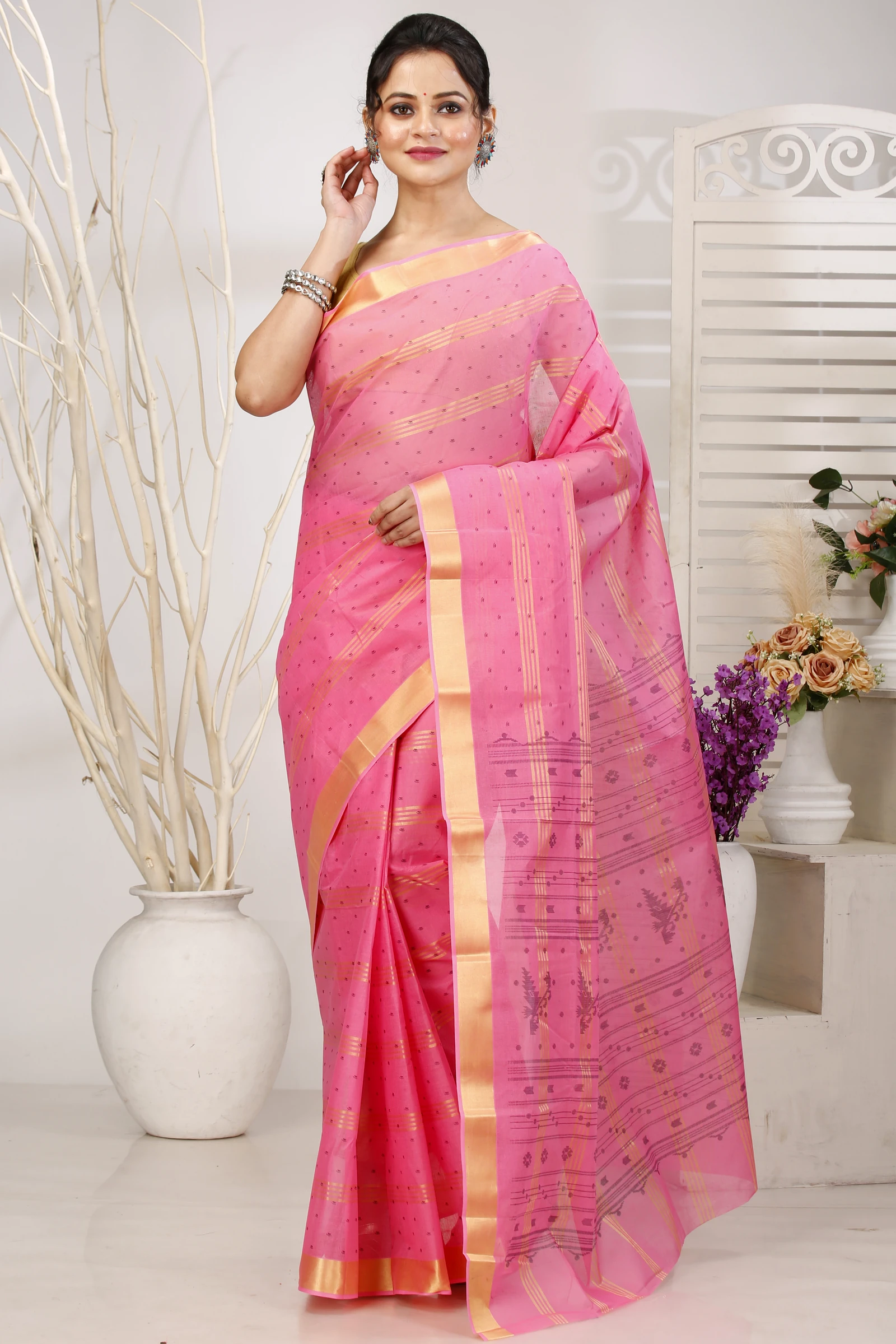 Pink Pure Cotton Mera Tant Saree (1528)