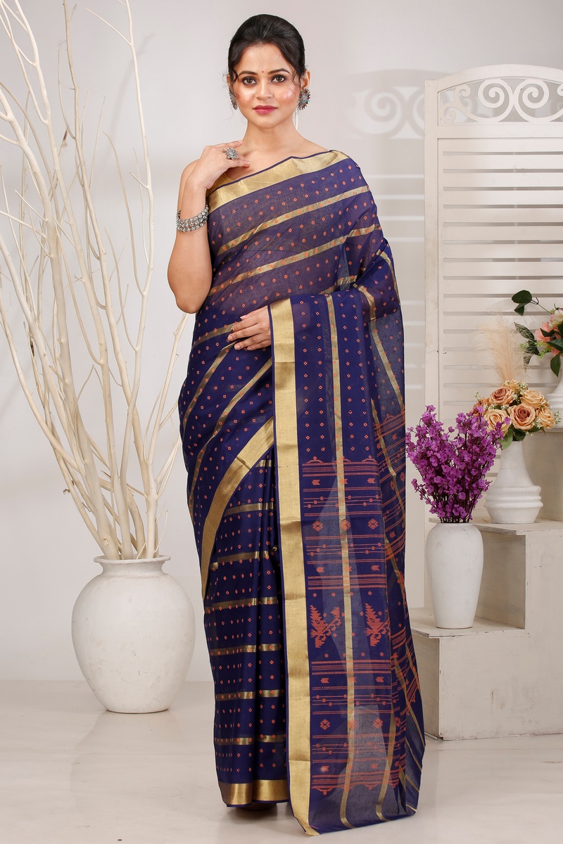 Naby Blue Pure Cotton Mera Tant Saree (1532)