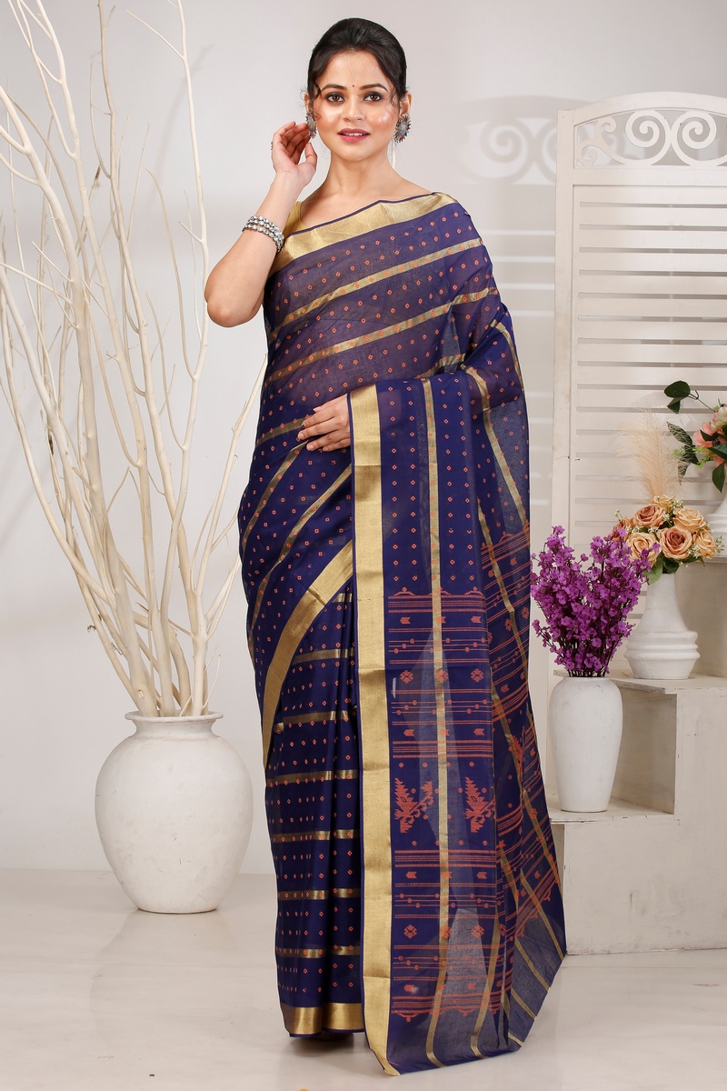 Naby Blue Pure Cotton Mera Tant Saree (1532)