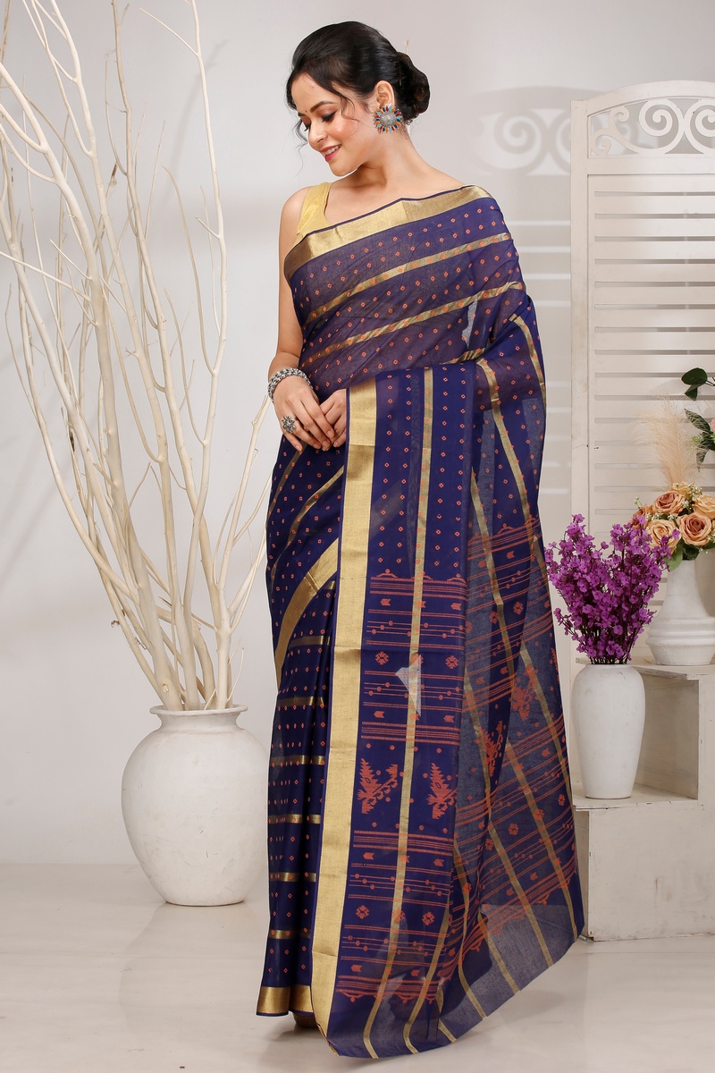 Naby Blue Pure Cotton Mera Tant Saree (1532)
