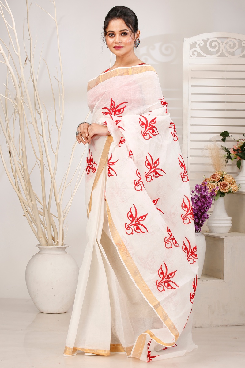 White Pure Cotton Leoto Tant Embroidery (1538)