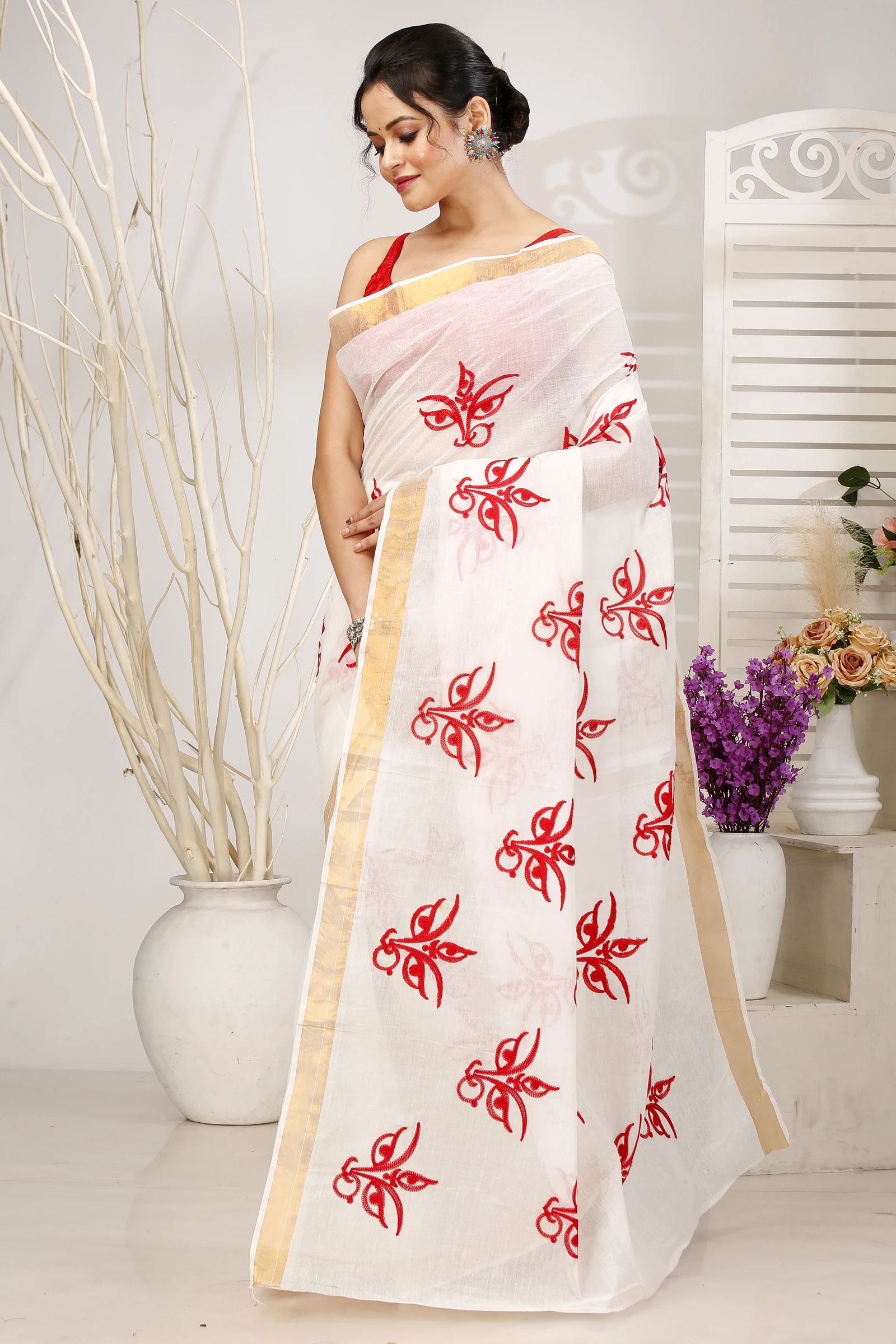 White Pure Cotton Leoto Tant Embroidery (1538)