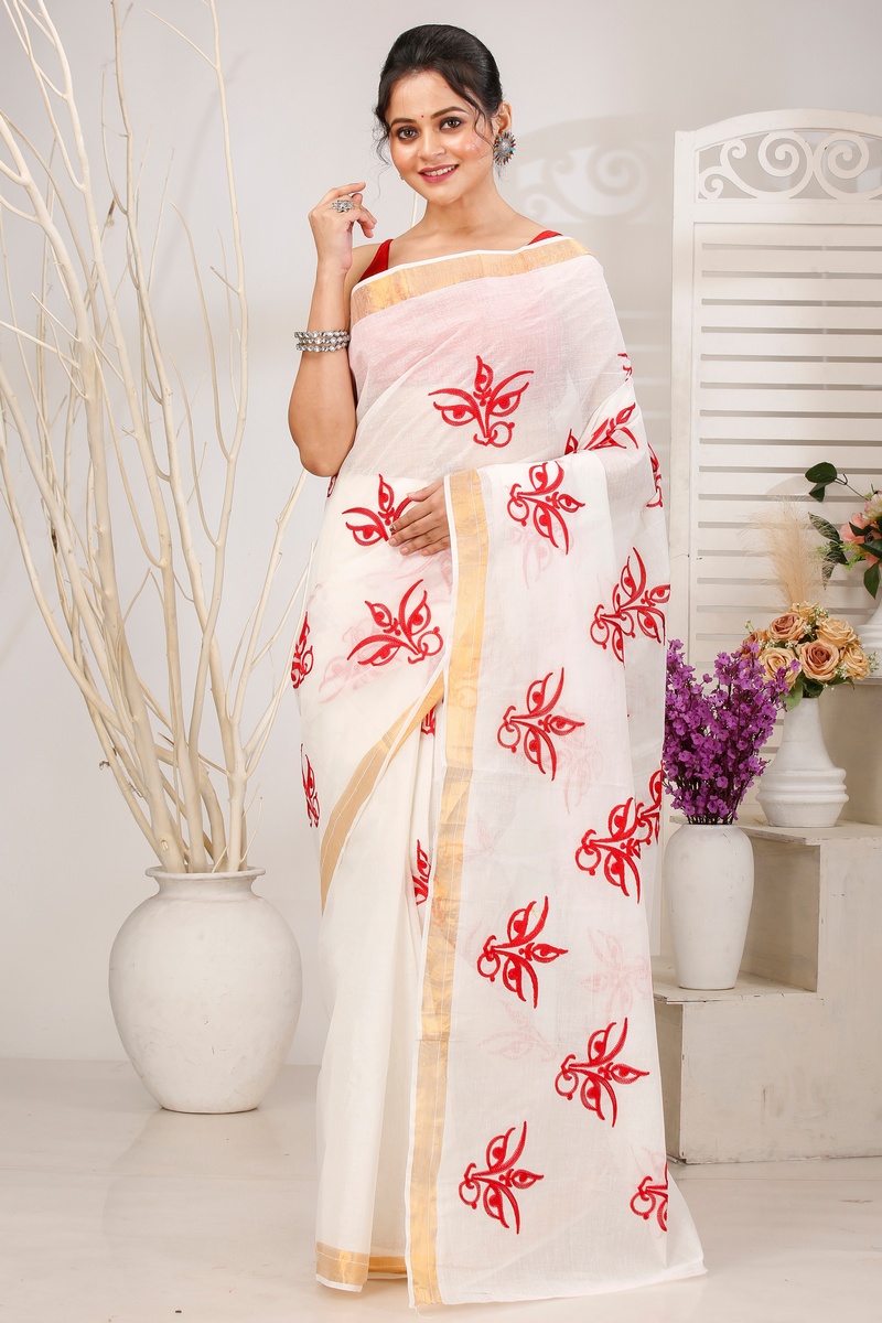 White Pure Cotton Leoto Tant Embroidery (1538)